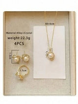 4pcs Stainless Steel Jewelry Set. Vintage Elegant Faux Pearl Necklace With Rhinestone Rose Petal