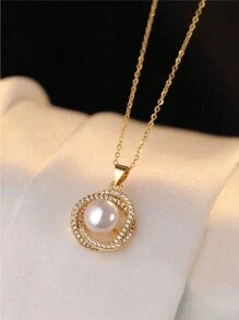4pcs Stainless Steel Jewelry Set. Vintage Elegant Faux Pearl Necklace With Rhinestone Rose Petal