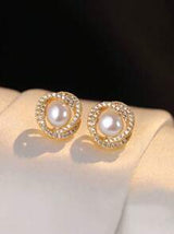 4pcs Stainless Steel Jewelry Set. Vintage Elegant Faux Pearl Necklace With Rhinestone Rose Petal
