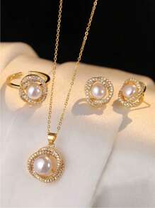 4pcs Stainless Steel Jewelry Set. Vintage Elegant Faux Pearl Necklace With Rhinestone Rose Petal