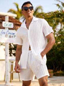 VDAYZ Men's Solid Color Short Sleeve Shirt And Shorts Casual Beach Set