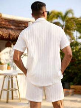 VDAYZ Men's Solid Color Short Sleeve Shirt And Shorts Casual Beach Set