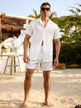 VDAYZ Men's Solid Color Short Sleeve Shirt And Shorts Casual Beach Set