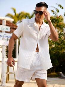 VDAYZ Men's Solid Color Short Sleeve Shirt And Shorts Casual Beach Set