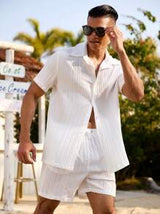 VDAYZ Men's Solid Color Short Sleeve Shirt And Shorts Casual Beach Set