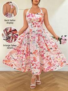 Celure Plus Size Women's Summer Pink Floral Wrap Tied Waist Dress, Vacation Style