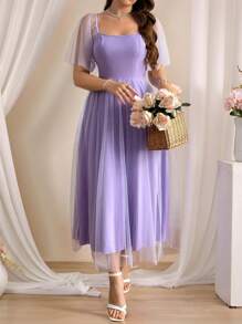 Sunnyshic Plus Size Solid Color Floral Layered Hem Camisole Dress