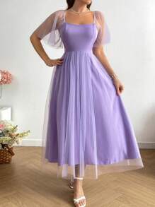 Sunnyshic Plus Size Solid Color Floral Layered Hem Camisole Dress