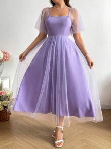 Sunnyshic Plus Size Solid Color Floral Layered Hem Camisole Dress