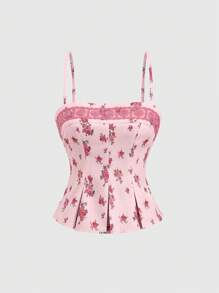easyown Pink Floral Lace Camisole Top