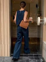 Livesso Women Solid Color Round Neck Loose Vest And Loose Pocket Denim Pants Set, Casual Style