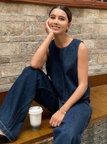 Livesso Women Solid Color Round Neck Loose Vest And Loose Pocket Denim Pants Set, Casual Style