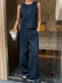 Livesso Women Solid Color Round Neck Loose Vest And Loose Pocket Denim Pants Set, Casual Style
