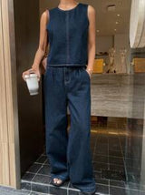 Livesso Women Solid Color Round Neck Loose Vest And Loose Pocket Denim Pants Set, Casual Style