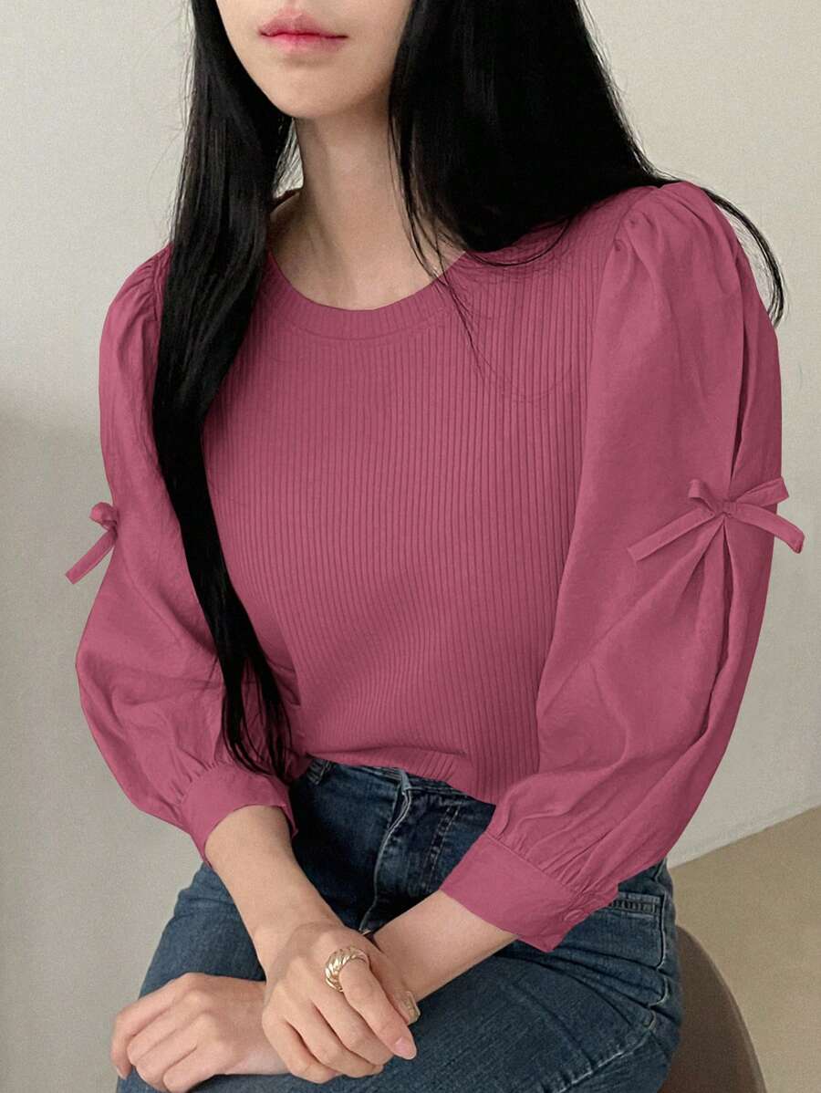 DAZY Women's Ribbed Fabric Patchwork Round Neck Loose Pullover Shirt With Butterfly Decor