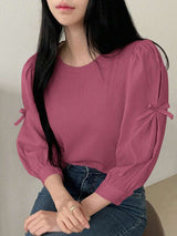 DAZY Women's Ribbed Fabric Patchwork Round Neck Loose Pullover Shirt With Butterfly Decor