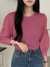 DAZY Women's Ribbed Fabric Patchwork Round Neck Loose Pullover Shirt With Butterfly Decor