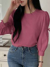 DAZY Women's Ribbed Fabric Patchwork Round Neck Loose Pullover Shirt With Butterfly Decor