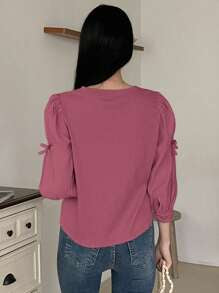 DAZY Women's Ribbed Fabric Patchwork Round Neck Loose Pullover Shirt With Butterfly Decor