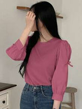 DAZY Women's Ribbed Fabric Patchwork Round Neck Loose Pullover Shirt With Butterfly Decor