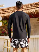 Manfinity Swimmode 2pcs Men's Vacation Beach Coconut Tree Print Long Sleeve Shorts Swimsuit Set