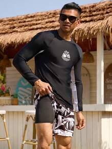 Manfinity Swimmode 2pcs Men's Vacation Beach Coconut Tree Print Long Sleeve Shorts Swimsuit Set