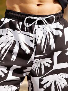 Manfinity Swimmode 2pcs Men's Vacation Beach Coconut Tree Print Long Sleeve Shorts Swimsuit Set