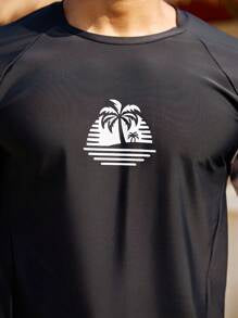 Manfinity Swimmode 2pcs Men's Vacation Beach Coconut Tree Print Long Sleeve Shorts Swimsuit Set