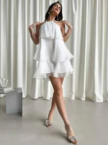easyown Valentine's Day New Elegant Romantic Date Backless Layered Hem White Organza Halter Swing Dress, Fancy Doll Dress,White Graduation Dress Spring/Summer Fairycore