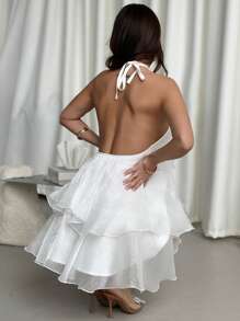 Firerie Valentine's Day New Elegant Romantic Date Backless Layered Hem White Organza Halter Swing Dress, Fancy Doll Dress,White Graduation Dress Spring/Summer Fairycore