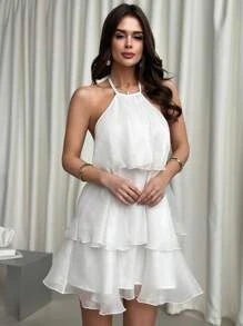 easyown Valentine's Day New Elegant Romantic Date Backless Layered Hem White Organza Halter Swing Dress, Fancy Doll Dress,White Graduation Dress Spring/Summer Fairycore