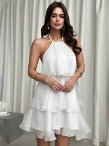 Firerie Valentine's Day New Elegant Romantic Date Backless Layered Hem White Organza Halter Swing Dress, Fancy Doll Dress,White Graduation Dress Spring/Summer Fairycore