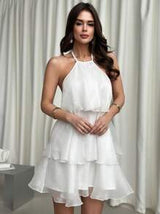 Firerie Valentine's Day New Elegant Romantic Date Backless Layered Hem White Organza Halter Swing Dress, Fancy Doll Dress,White Graduation Dress Spring/Summer Fairycore