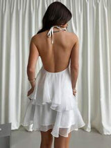 Firerie Valentine's Day New Elegant Romantic Date Backless Layered Hem White Organza Halter Swing Dress, Fancy Doll Dress,White Graduation Dress Spring/Summer Fairycore