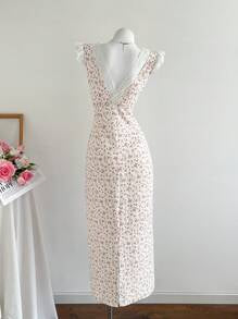 Elamini Women's V-Neck Lace Patchwork Ditsy Floral Dress