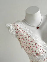 Elamini Women's V-Neck Lace Patchwork Ditsy Floral Dress