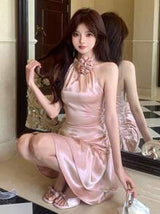 DAZY 3D Floral Decor Halter Satin Satin Cake Design Hollow-Out Backless Ladies Dress For Wedding & Banquet Summer Prom Dress Party Women Sundress