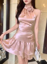 DAZY 3D Floral Decor Halter Satin Satin Cake Design Hollow-Out Backless Ladies Dress For Wedding & Banquet Summer Prom Dress Party Women Sundress