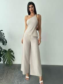 New Spring/Summer Set, Elegant Vacation Outfit, Apricot Linen Ruched Waist Backless Blouse