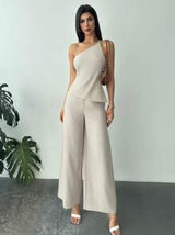 New Spring/Summer Set, Elegant Vacation Outfit, Apricot Linen Ruched Waist Backless Blouse