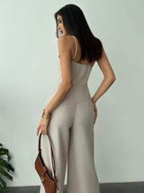 New Spring/Summer Set, Elegant Vacation Outfit, Apricot Linen Ruched Waist Backless Blouse