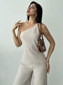New Spring/Summer Set, Elegant Vacation Outfit, Apricot Linen Ruched Waist Backless Blouse