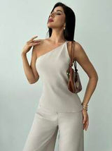 New Spring/Summer Set, Elegant Vacation Outfit, Apricot Linen Ruched Waist Backless Blouse