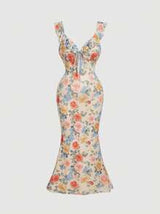 Plus Size Elegant Romantic Vacation Floral Print Ruffle Sleeve Dress.Fairycore Tea Party Dresses,Beach Dress Sundress,Holiday Outfits Boho