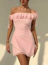 Asymmetric One Shoulder Ruffle Tie Waist Super Short Bodycon Dress