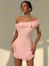 Asymmetric One Shoulder Ruffle Tie Waist Super Short Bodycon Dress