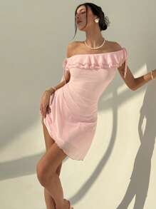 Asymmetric One Shoulder Ruffle Tie Waist Super Short Bodycon Dress