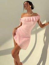 Asymmetric One Shoulder Ruffle Tie Waist Super Short Bodycon Dress