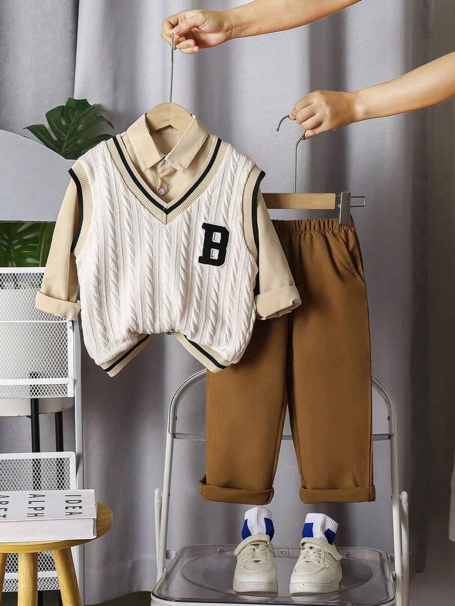 Casual Knit V-Neck Vest + Casual Shirt + Woven Pants Academy Style Set For Boys