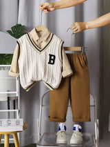 Casual Knit V-Neck Vest + Casual Shirt + Woven Pants Academy Style Set For Boys